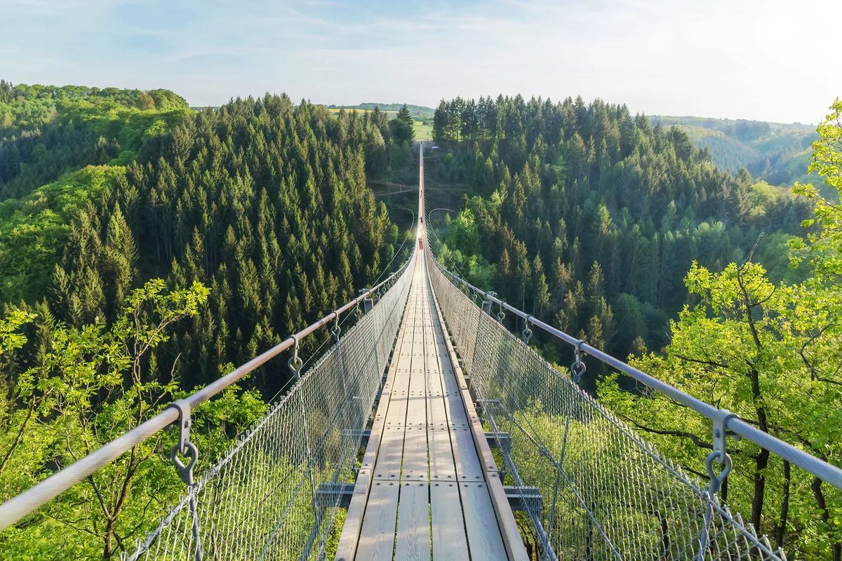 Lange Hängeseilbrücke über ein bewaldetes Tal