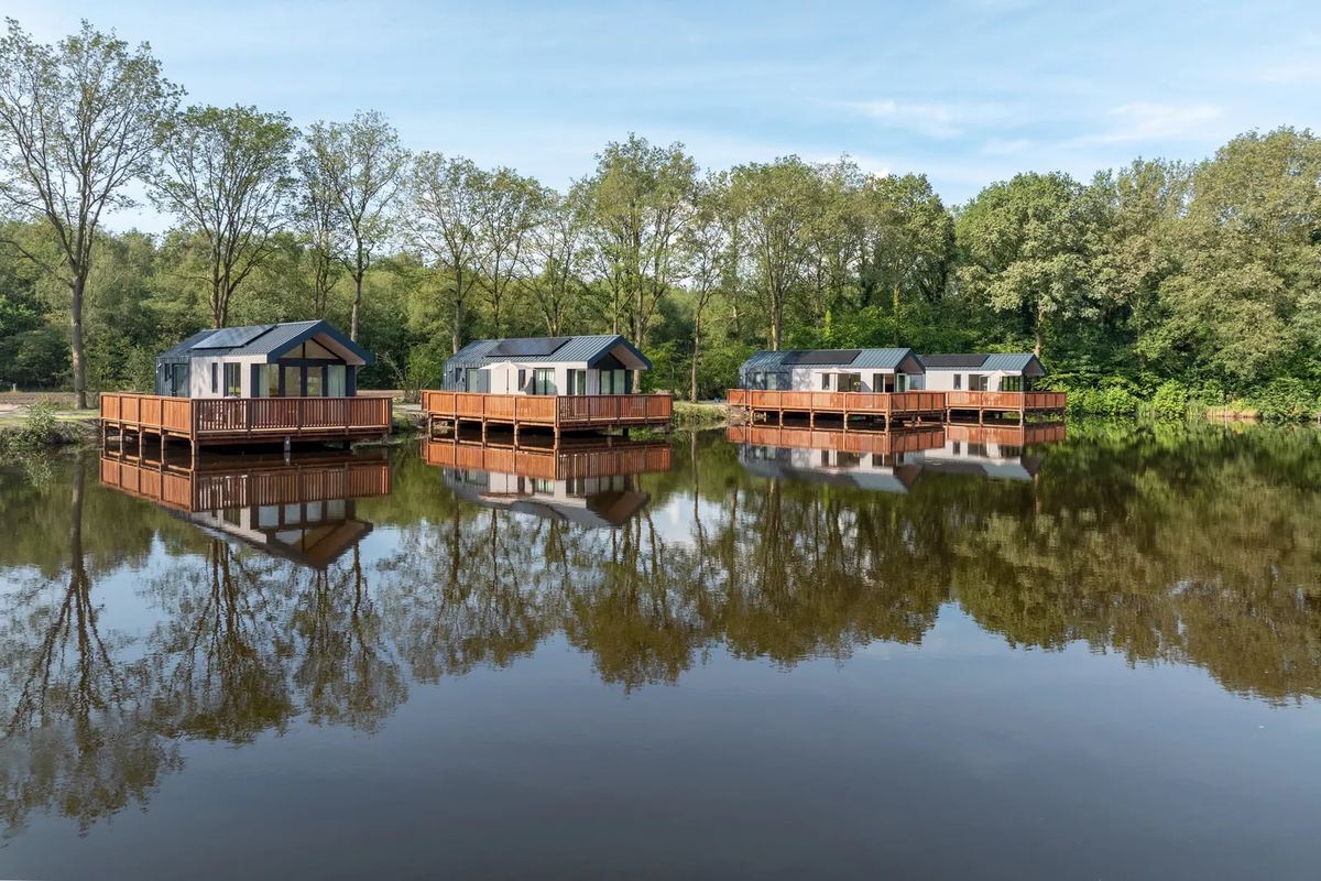 Lodges auf dem Wasser vor Bäumen