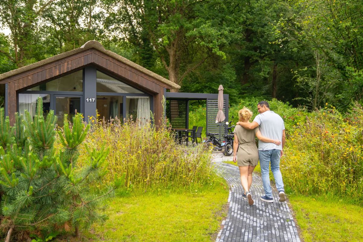 Lodge mit Holzsteg im Grünen