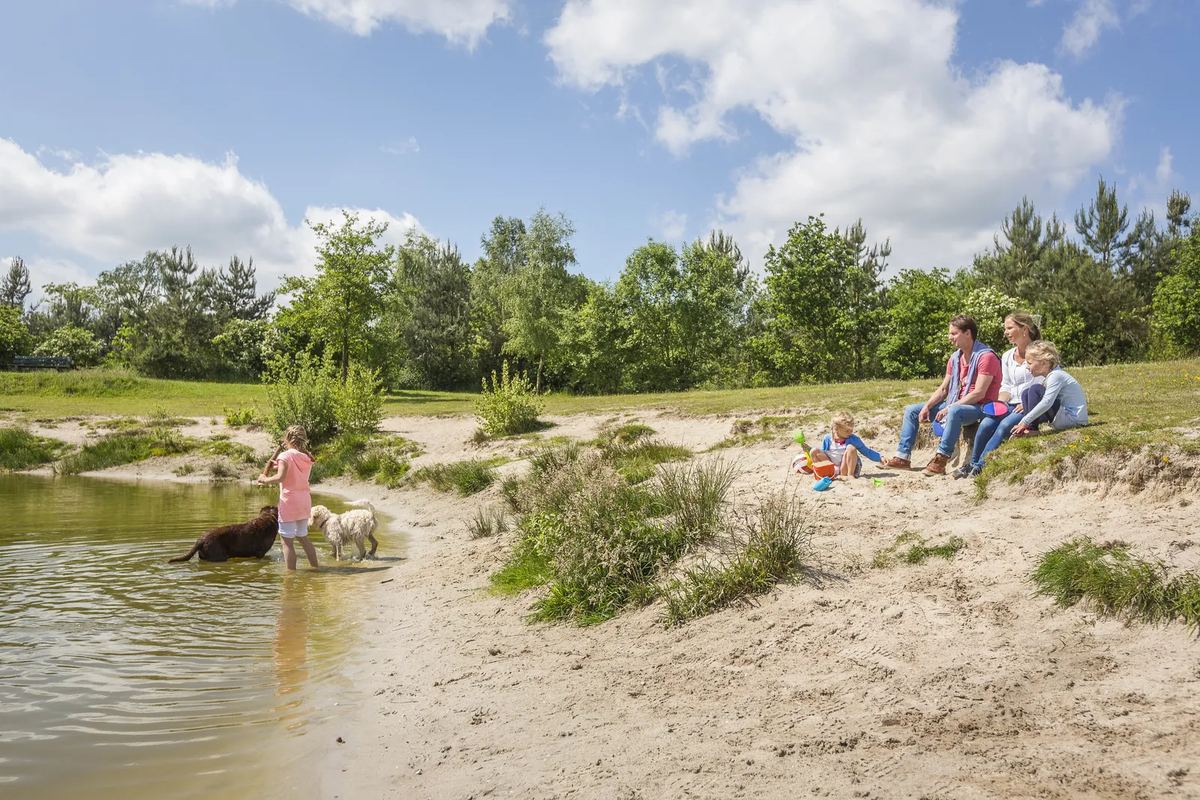 Hund und Familie am sandigen Ufer